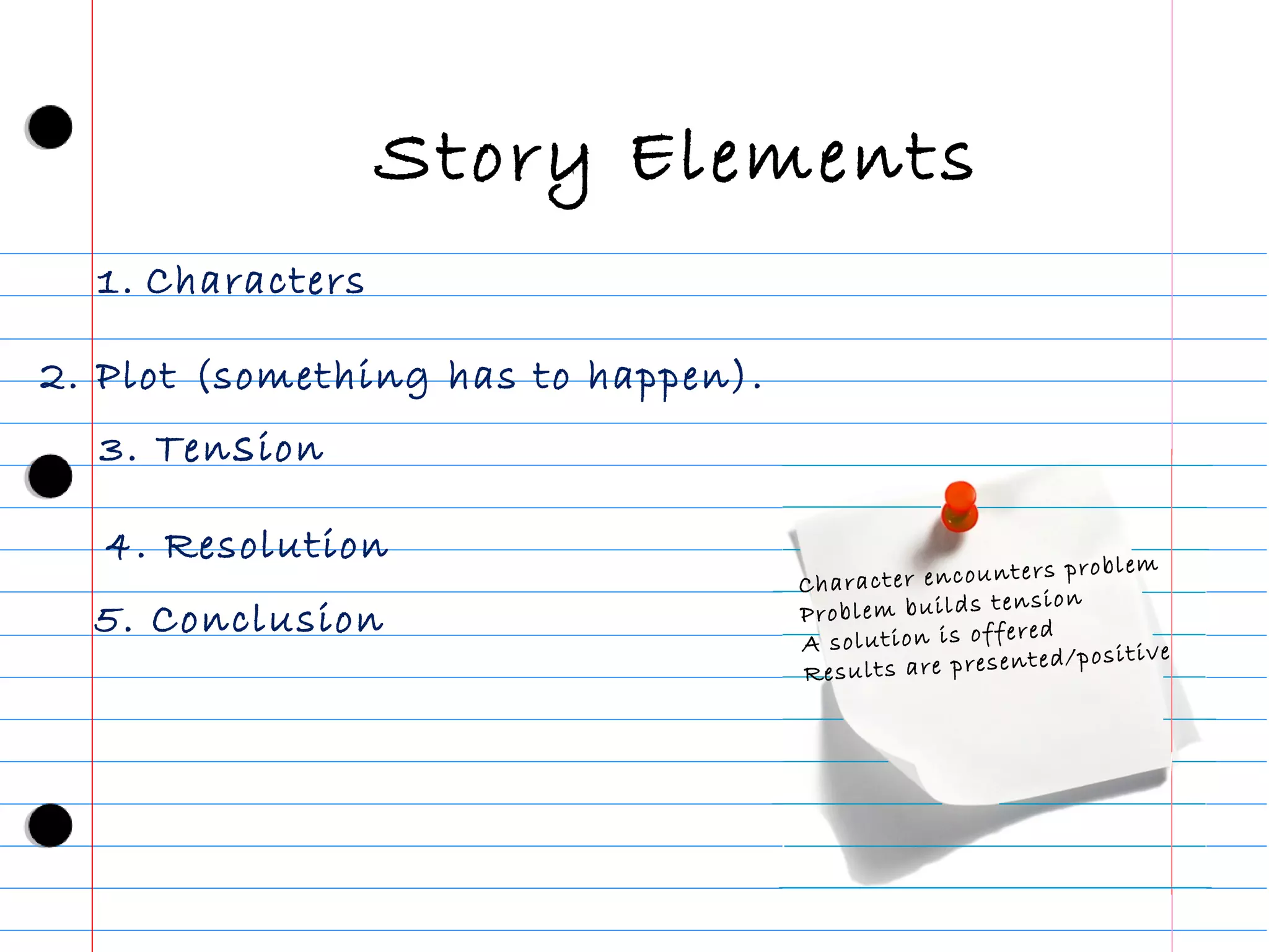 Story Elements
  1. Characters

2. Plot (something has to happen).
  3. Ten s ion

   4. Resolution
                                                             te rs pr ob le m
                                     C ha ra ct er en co u n
                                                             n si on
  5. Conclusion                      Pr ob le m bu il ds te
                                                              re d
                                     A so lu ti on is of fe
                                                               te d /p os it iv e
                                     R es u lt s ar e pr es en
 