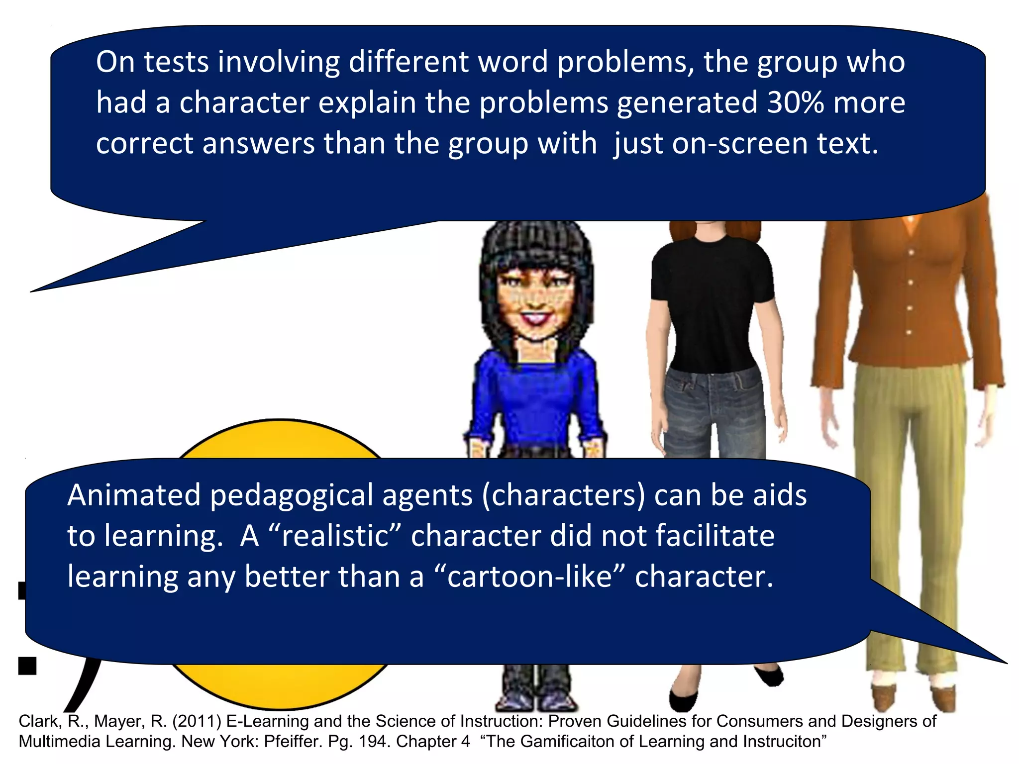 On tests involving different word problems, the group who
         had a character explain the problems generated 30% more
         correct answers than the group with just on-screen text.




      Animated pedagogical agents (characters) can be aids
      to learning. A “realistic” character did not facilitate
      learning any better than a “cartoon-like” character.



Clark, R., Mayer, R. (2011) E-Learning and the Science of Instruction: Proven Guidelines for Consumers and Designers of
Multimedia Learning. New York: Pfeiffer. Pg. 194. Chapter 4 “The Gamificaiton of Learning and Instruciton”
 