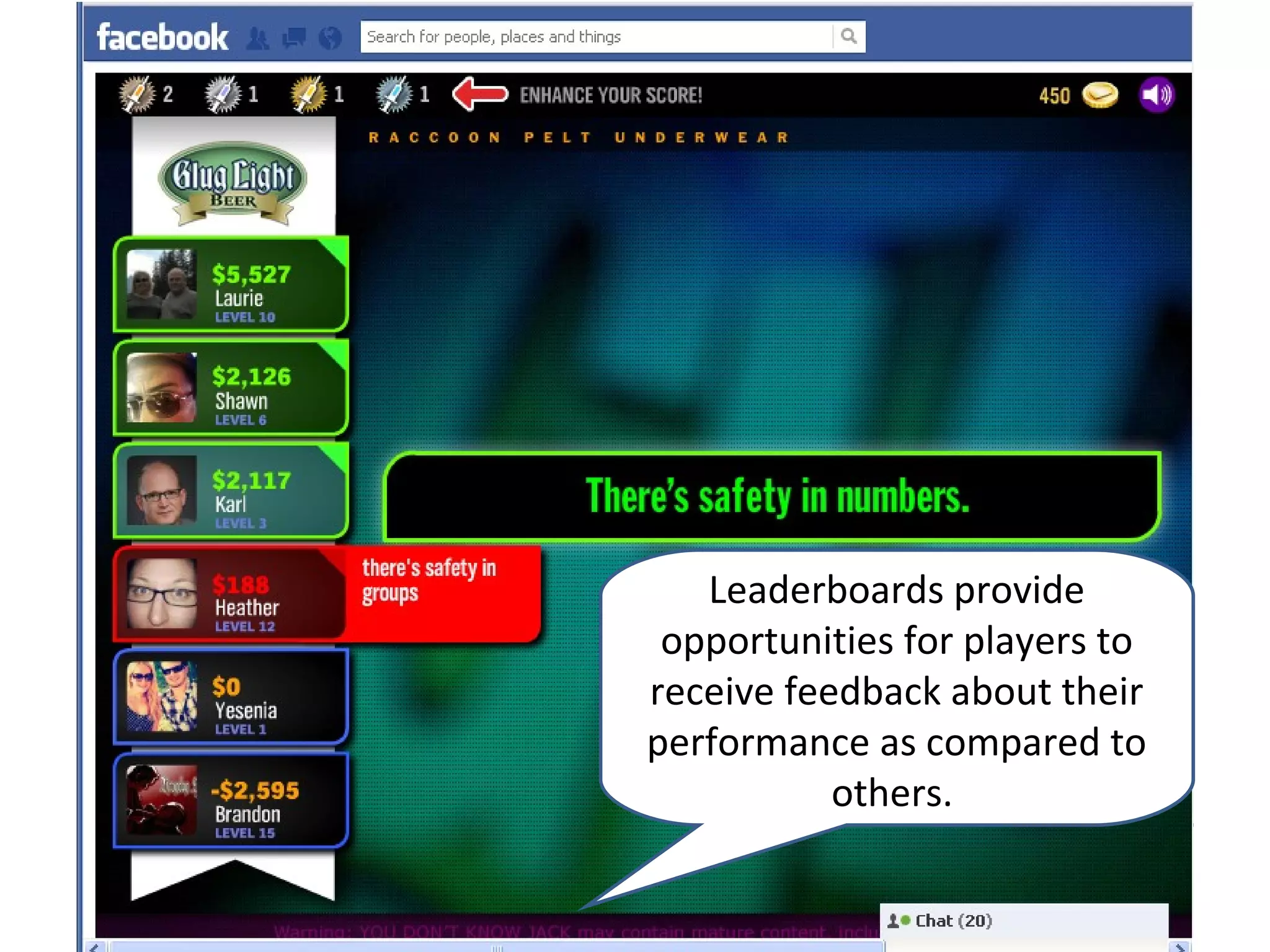 Leaderboards provide
 opportunities for players to
receive feedback about their
performance as compared to
           others.
 