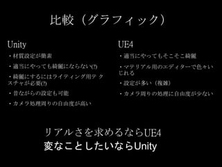 比較（グラフィック）
Unity
・材質設定が簡素
・適当にやっても綺麗にならない(?)
・綺麗にするにはライティング用テ ク
スチャが必要(?)
・昔ながらの設定も可能
・カメラ処理周りの自由度が高い
UE4
・適当にやってもそこそこ綺麗
・マテリアル用のエディターで色々い
じれる
・設定が多い（複雑）
・カメラ周りの処理に自由度が少ない
リアルさを求めるならUE4
変なことしたいならUnity
 