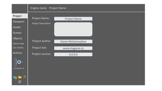 Assets
Scenes
Objects
Game Loop
Viewport
Engine name Project Name
Project
Project Name: Project Name
Project Description:
Project Author: Game McGameyface
Project link: www.mygame.io
Project version: 0.0.0.0
Cut Scenes
Actions
Compile & run
 