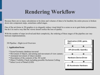 Rendering Workflow
Because there are so many calculations to be done and volumes of data to be handled, the entire process is broken
down into component steps, sometimes called stages.

One of the art-forms in 3D graphics is to elegantly reduce visual detail in a scene so as to gain better performance,
but do it in such a way that the viewer doesn't notice the loss of quality.

With the number of steps involved and their complexity, the ordering of these stages of the pipeline can vary
between implementations.


  3D Pipeline - High-Level Overview

  1. Application/Scene

     * Scene/Geometry database traversal
     * Movement of objects, and aiming and movement of view camera
     * Animated movement of object models
     * Description of the contents of the 3D world
     * Object Visibility Check including possible Occlusion Culling
     * Select Level of Detail (LOD)
 