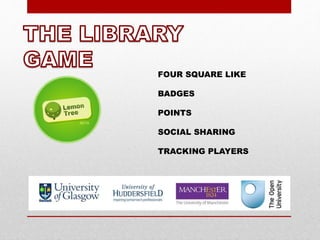 FOUR SQUARE LIKE
BADGES
POINTS
SOCIAL SHARING
TRACKING PLAYERS
 