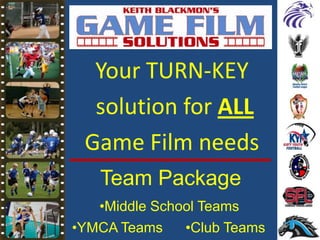 Your TURN-KEY
solution for ALL
Game Film needs
Team Package
•Middle School Teams
•YMCA Teams •Club Teams
 