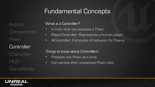 Fundamental Concepts
Actors
Components
Pawn
Controller
Character
HUD
GameMode
What is a Controller?
• A brain that can pos...