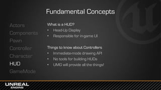 Fundamental Concepts
Actors
Components
Pawn
Controller
Character
HUD
GameMode
What is a HUD?
• Head-Up Display
• Responsible for in-game UI
Things to know about Controllers
• Immediate-mode drawing API
• No tools for building HUDs
• UMG will provide all the things!
 