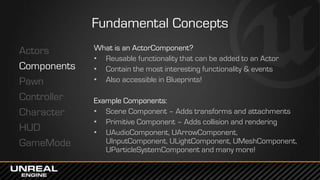 Fundamental Concepts
Actors
Components
Pawn
Controller
Character
HUD
GameMode
What is an ActorComponent?
• Reusable functi...