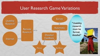 User Research GameVariations
UsabilityUsability
ResearchResearch
RemoteRemote
ResearchResearch
AutomaticAutomatic
SurveySurvey
MoraeMorae NetRakerNetRaker
DetailedDetailed
FeedbackFeedbackInternetInternet
““UsabilityUsability
researchresearch
must bemust be
formal,formal,
detailed”detailed”
 