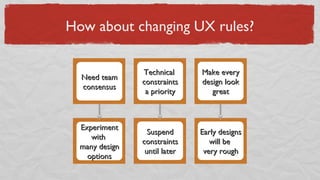 How about changing UX rules?
Belief 1Belief 1 Belief 2Belief 2 Belief 3Belief 3
NewNew
Belief 1Belief 1
NewNew
Belief 2Belief 2
NewNew
Belief 3Belief 3
Need teamNeed team
consensusconsensus
ExperimentExperiment
withwith
many designmany design
optionsoptions
TechnicalTechnical
constraintsconstraints
a prioritya priority
SuspendSuspend
constraintsconstraints
until lateruntil later
Make everyMake every
design lookdesign look
greatgreat
Early designsEarly designs
will bewill be
very roughvery rough
 