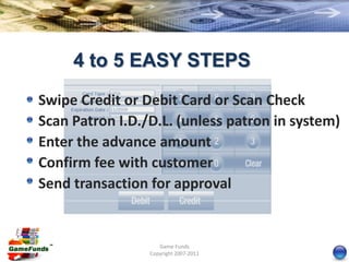 4 to 5 EASY STEPS
Swipe Credit or Debit Card or Scan Check
Scan Patron I.D./D.L. (unless patron in system)
Enter the advance amount
Confirm fee with customer
Send transaction for approval


                    Game Funds
                 Copyright 2007-2011
 