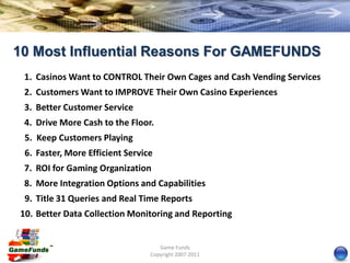 10 Most Influential Reasons For GAMEFUNDS
 1. Casinos Want to CONTROL Their Own Cages and Cash Vending Services
 2. Customers Want to IMPROVE Their Own Casino Experiences
 3. Better Customer Service
 4. Drive More Cash to the Floor.
 5. Keep Customers Playing
 6. Faster, More Efficient Service
 7. ROI for Gaming Organization
 8. More Integration Options and Capabilities
 9. Title 31 Queries and Real Time Reports
10. Better Data Collection Monitoring and Reporting


                                    Game Funds
                                 Copyright 2007-2011
 