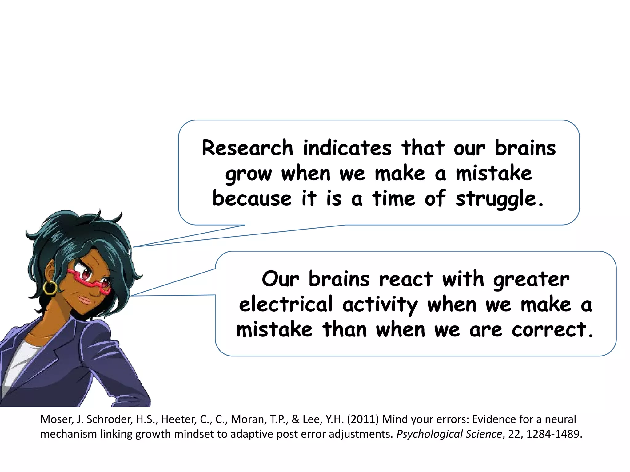 Research indicates that our brains
grow when we make a mistake
because it is a time of struggle.
Moser, J. Schroder, H.S., Heeter, C., C., Moran, T.P., & Lee, Y.H. (2011) Mind your errors: Evidence for a neural
mechanism linking growth mindset to adaptive post error adjustments. Psychological Science, 22, 1284-1489.
Our brains react with greater
electrical activity when we make a
mistake than when we are correct.
 