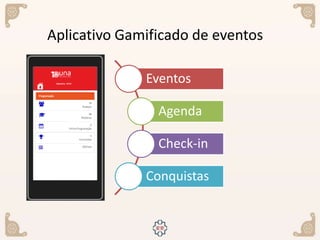 Aplicativo Gamificado de eventos
Eventos
Agenda
Check-in
Conquistas
 