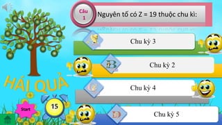 Nguyên tố có Z = 19 thuộc chu kì: 
Chu kỳ 3 
Chu kỳ 2 
Chu kỳ 4 
Chu kỳ 5 
Câu 
1 
Hế12914738t650giờ Start 1113254 
 