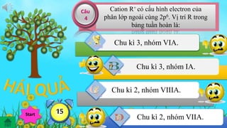 Cation R+ có cấu hình electron của 
phân lớp ngoài cùng 2p6. Vị trí R trong 
bảng tuần hoàn là: 
Chu kì 3, nhóm VIA. 
Chu kì 3, nhóm IA. 
Chu kì 2, nhóm VIIIA. 
Chu kì 2, nhóm VIIA. 
Câu 
4 
Hế12914738t650giờ Start 111113254 
 