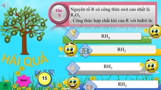 Nguyên tố R có công thức oxit cao nhất là 
R2O3. 
. Công thức hợp chất khí của R với hiđrô là: 
RH4 
RH2 
RH3 
RH5 
Câu 
5 
Hế12914738t650giờ Start 1113254 
 