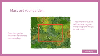 Mark out your garden.
Plant your garden
within the parameters
you marked out.
The overgrown outside
will continue to grow
more wild plants for you
to pick seeds.
Gameplay
 