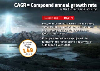 CAGR = Compound annual growth rate
                                  in the Finnish game industry

                 CAGR 2004–2012     25,7 %
                Long term CAGR of the Finnish game industry
                shows that the game industry in Finland has
                been growing significantly faster than the
                global game market.
                If the growth continues as projected, the
   Projected
                turnover of the Finnish game industry will be
   turnover     1,49 billion € year 2020.
     2020

   1,4 9
    billion €
 