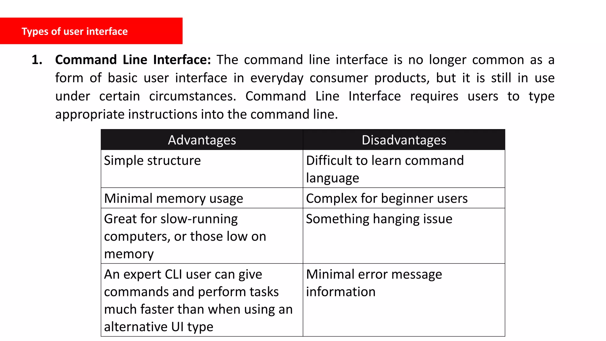 Types of user interface
1. Command Line Interface: The command line interface is no longer common as a
form of basic user interface in everyday consumer products, but it is still in use
under certain circumstances. Command Line Interface requires users to type
appropriate instructions into the command line.
Advantages Disadvantages
Simple structure Difficult to learn command
language
Minimal memory usage Complex for beginner users
Great for slow-running
computers, or those low on
memory
Something hanging issue
An expert CLI user can give
commands and perform tasks
much faster than when using an
alternative UI type
Minimal error message
information
 