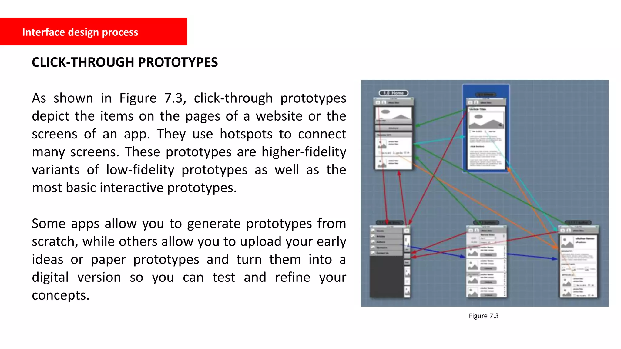 Interface design process
CLICK-THROUGH PROTOTYPES
As shown in Figure 7.3, click-through prototypes
depict the items on the pages of a website or the
screens of an app. They use hotspots to connect
many screens. These prototypes are higher-fidelity
variants of low-fidelity prototypes as well as the
most basic interactive prototypes.
Some apps allow you to generate prototypes from
scratch, while others allow you to upload your early
ideas or paper prototypes and turn them into a
digital version so you can test and refine your
concepts.
Figure 7.3
 