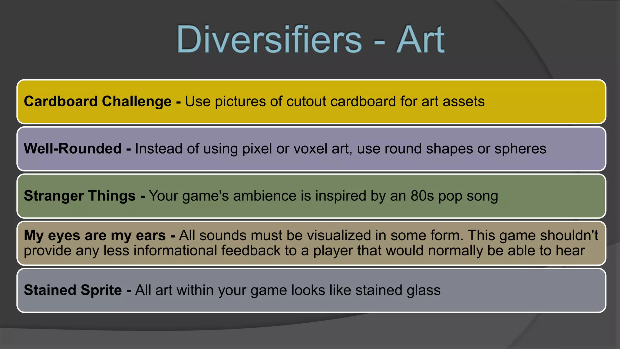 Cardboard Challenge - Use pictures of cutout cardboard for art assets
Well-Rounded - Instead of using pixel or voxel art, use round shapes or spheres
Stranger Things - Your game's ambience is inspired by an 80s pop song
My eyes are my ears - All sounds must be visualized in some form. This game shouldn't
provide any less informational feedback to a player that would normally be able to hear
Stained Sprite - All art within your game looks like stained glass
 