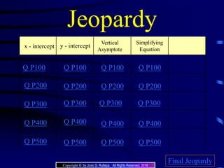 Jeopardy
x - intercept y - intercept
Vertical
Asymptote
Q P100
Q P200
Q P300
Q P400
Q P500
Q P100 Q P100Q P100
Q P200 Q P200 Q P200
Q P300 Q P300 Q P300
Q P400 Q P400 Q P400
Q P500 Q P500 Q P500
Final Jeopardy
Simplifying
Equation
Copyright © by Jovic G. Rullepa. All Rights Reserved. 2016
 