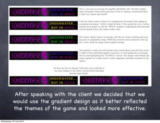 After speaking with the client we decided that we
would use the gradient design as it better reﬂected
the themes of the game and looked more effective.
Wednesday, 25 June 2014
 