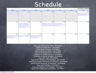 Schedule
App Logo Concept and Ideas - 2014/06/01
Banner Ad Initial Ideas - 2014/06/01
Initial Hoodie Designs - 2014/06/03
Banner Ad Rough Draft 1 - 2014/06/03
Banner Ad Rough Draft 2 - 2014/06/03
Feedback on Hoodie Designs - 2014/06/05
Feedback on Banner Designs - 2014/06/05
App Logo Draft - 2014/06/06
Banner Ad 1 Response To Feedback - 2014/06/06
Mainstream Hoodie Response To Feedback - 2014/06/09
Niche Hoodie Response To Feedback - 2014/06/09
App Logo Feedback - 2014/06/10
App Logo Response To Feedback - 2014/06/11
Banner Ad 2 Response To Feedback - 2014/06/11
Wednesday, 25 June 2014
 