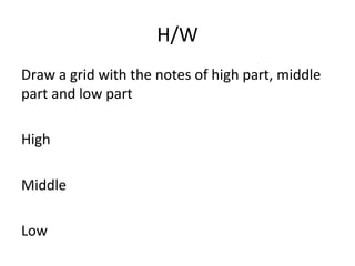 H/W 
Draw a grid with the notes of high part, middle 
part and low part 
High 
Middle 
Low 
 