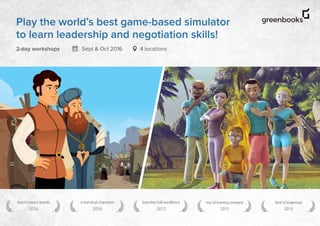 Play the world’s best game-based simulator
to learn leadership and negotiation skills!
2-day workshops Sept & Oct 2016 4 locations
 