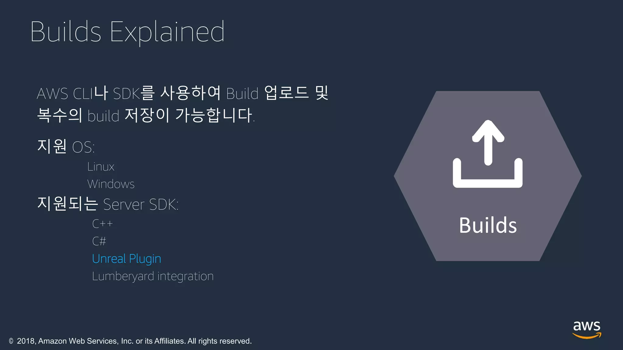 © 2018, Amazon Web Services, Inc. or its Affiliates. All rights reserved.
Builds Explained
AWS CLI나 SDK를 사용하여 Build 업로드 및
복수의 build 저장이 가능합니다.
지원 OS:
Linux
Windows
지원되는 Server SDK:
C++
C#
Unreal Plugin
Lumberyard integration
Builds
 