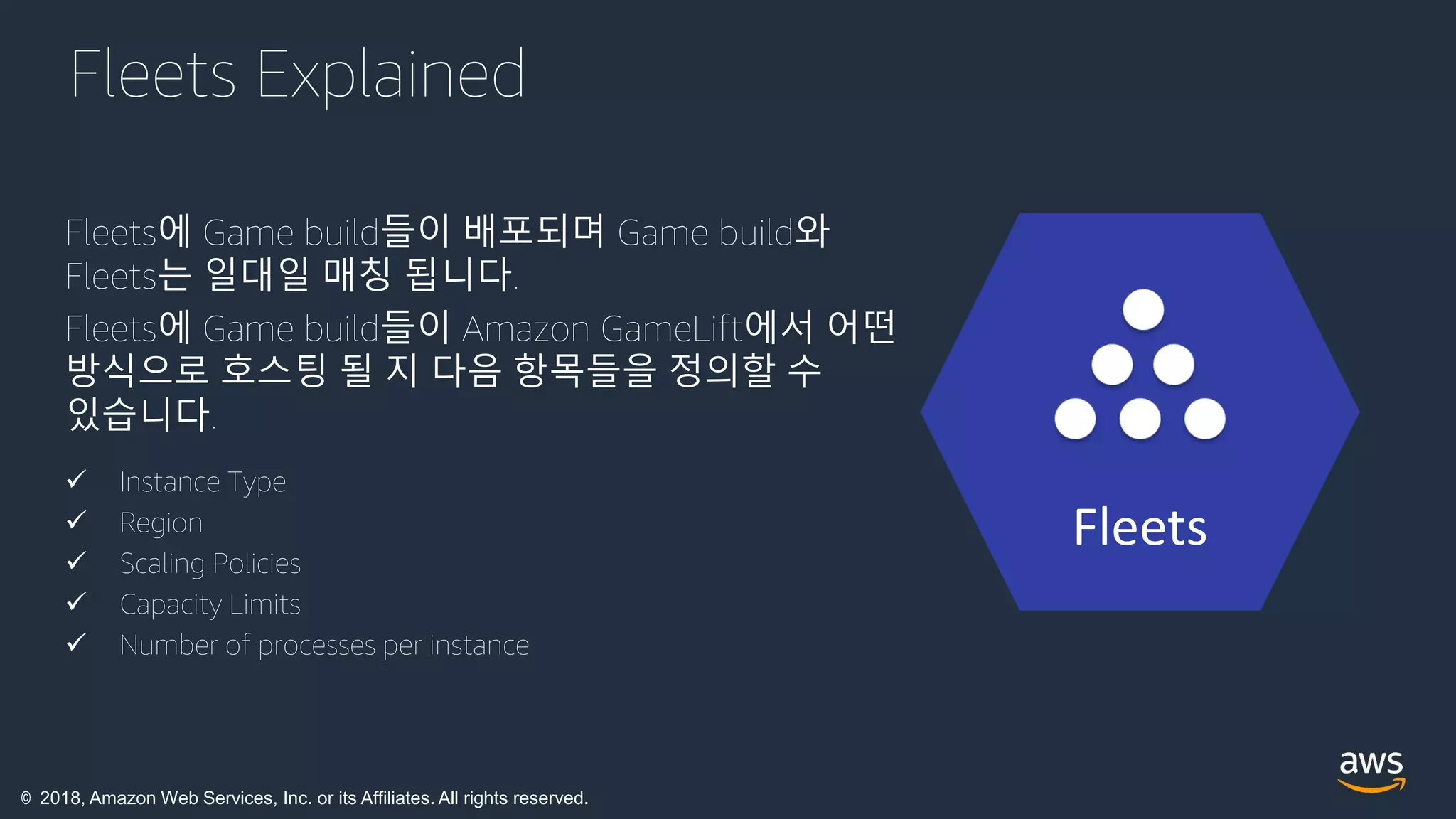 © 2018, Amazon Web Services, Inc. or its Affiliates. All rights reserved.
Fleets Explained
Fleets에 Game build들이 배포되며 Game build와
Fleets는 일대일 매칭 됩니다.
Fleets에 Game build들이 Amazon GameLift에서 어떤
방식으로 호스팅 될 지 다음 항목들을 정의할 수
있습니다.
 Instance Type
 Region
 Scaling Policies
 Capacity Limits
 Number of processes per instance
Fleets
 