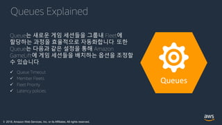 © 2018, Amazon Web Services, Inc. or its Affiliates. All rights reserved.
Queues Explained
Queue는 새로운 게임 세션들을 그룹내 Fleet에
할당하는 과정을 효율적으로 자동화합니다. 또한
Queue는 다음과 같은 설정을 통해 Amazon
GameLift에 게임 세션들을 배치하는 옵션을 조정할
수 있습니다.
 Queue Timeout
 Member Fleets
 Fleet Priority
 Latency policies
Queues
 