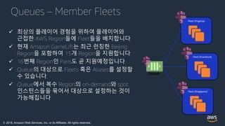 © 2018, Amazon Web Services, Inc. or its Affiliates. All rights reserved.
Queues – Member Fleets
 최상의 플레이어 경험을 위하여 플레이어와
근접한 AWS Region들에 Fleet들을 배치합니다.
 현재 Amazon GameLift는 최근 런칭한 Beijing
Region을 포함하여 15개 Region을 지원합니다.
 16번째 Region인 Paris도 곧 지원예정입니다.
 Queue의 대상으로 Fleets 혹은 Aliases를 설정할
수 있습니다.
 Queue에서 복수 Region의 on-demand와 spot
인스턴스들을 묶어서 대상으로 설정하는 것이
가능해집니다.
Fleet (Virginia)
Fleet (Frankfurt)
Fleet (Singapore)
Queue
 