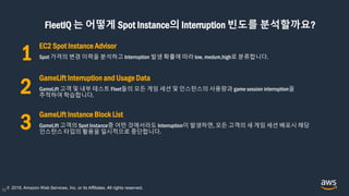 FleetIQ 는 어떻게 Spot Instance의 Interruption 빈도를 분석할까요?
32
EC2 Spot Instance Advisor
Spot 가격의 변경 이력을 분석하고 Interruption 발생 확률에 따라 low, medum,high로 분류합니다.
GameLift Interruption and Usage Data
GameLift 고객 및 내부 테스트 Fleet들의 모든 게임 세션 및 인스턴스의 사용량과 game session interruption을
추적하여 학습합니다.
GameLift Instance Block List
GameLift 고객의 Spot Instance중 어떤 것에서라도 Interruption이 발생하면, 모든 고객의 새 게임 세션 배포시 해당
인스턴스 타입의 활용을 일시적으로 중단합니다.
© 2018, Amazon Web Services, Inc. or its Affiliates. All rights reserved.
1
2
3
 