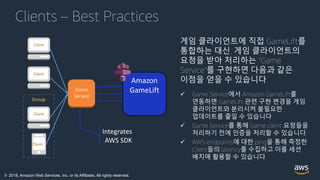 © 2018, Amazon Web Services, Inc. or its Affiliates. All rights reserved.
Clients – Best Practices
게임 클라이언트에 직접 GameLift를
통합하는 대신, 게임 클라이언트의
요청을 받아 처리하는 “Game
Service”를 구현하면 다음과 같은
이점을 얻을 수 있습니다.
 Game Service에서 Amazon GameLift를
연동하면 GameLift 관련 구현 변경을 게임
클라이언트와 분리시켜 불필요한
업데이트를 줄일 수 있습니다.
 Game Service를 통해 Game client 요청들을
처리하기 전에 인증을 처리할 수 있습니다.
 AWS endpoints에 대한 ping을 통해 측정한
Client들의 latency를 수집하고 이를 세션
배치에 활용할 수 있습니다.
Group
Client
Client
Client
Client
Game
Service
Amazon
GameLift
Integrates
AWS SDK
 