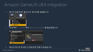 UNREAL SUMMIT 2019
Amazon GameLift UE4 integration
4. 에디터 실행 후에 “플러그인” 에디터를 실행합니다.
5. “프로젝트” -> “Other”에서 GameLiftServerSDK를 활성화합니다.
6. 에디터 재시작 및 빌드가 완료되면 적용이 완료됩니다.
 