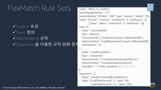 © 2018, Amazon Web Services, Inc. or its Affiliates. All rights reserved.
FlexMatch Rule Sets
Custom 속성
Team 정의
Matchmaking 규칙
Expansions을 이용한 규칙 완화 정책
 