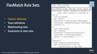 © 2018, Amazon Web Services, Inc. or its Affiliates. All rights reserved.
• Custom attributes
• Team definitions
• Matchmaking rules
• Expansions to relax rules
FlexMatch Rule Sets
 