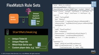 © 2018, Amazon Web Services, Inc. or its Affiliates. All rights reserved.
Amazon
GameLift
FlexMatch
Rule
Set
• Unique Ticket Id
• Unique Player Ids
• Which Rule Set to use
• Custom player data, e.g. “skill”
StartMatchmaking
Game
Service
FlexMatch Rule Sets
 