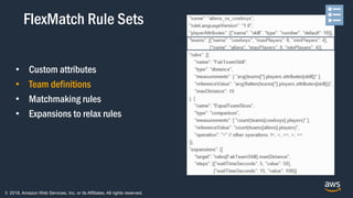 © 2018, Amazon Web Services, Inc. or its Affiliates. All rights reserved.
• Custom attributes
• Team definitions
• Matchmaking rules
• Expansions to relax rules
FlexMatch Rule Sets
 