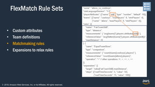© 2018, Amazon Web Services, Inc. or its Affiliates. All rights reserved.
• Custom attributes
• Team definitions
• Matchmaking rules
• Expansions to relax rules
FlexMatch Rule Sets
 