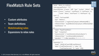 © 2018, Amazon Web Services, Inc. or its Affiliates. All rights reserved.
• Custom attributes
• Team definitions
• Matchmaking rules
• Expansions to relax rules
FlexMatch Rule Sets
 