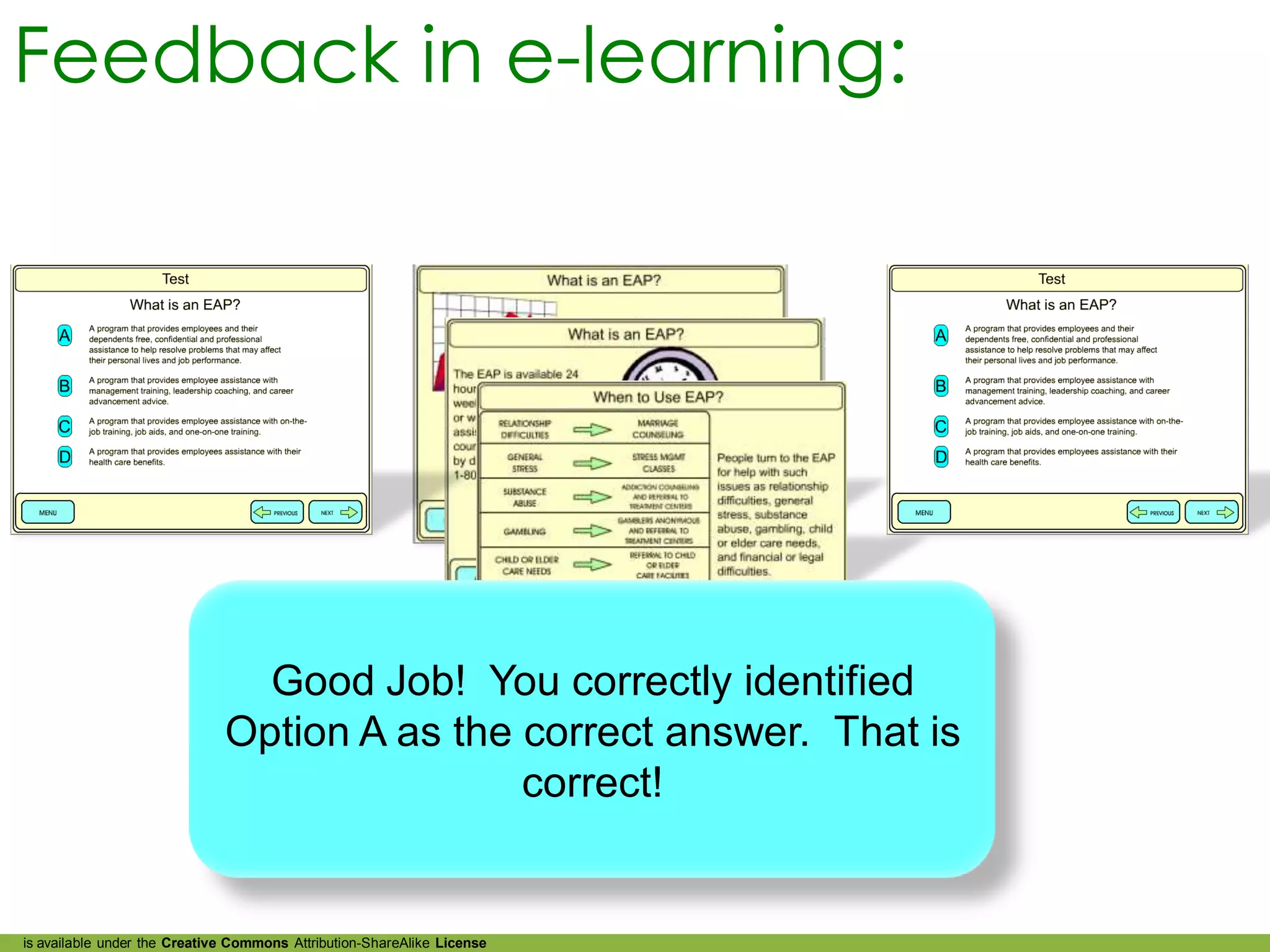 Feedback in e-learning:




                                Good Job! You correctly identified
                              Option A as the correct answer. That is
                                              correct!


is available under the Creative Commons Attribution-ShareAlike License
 