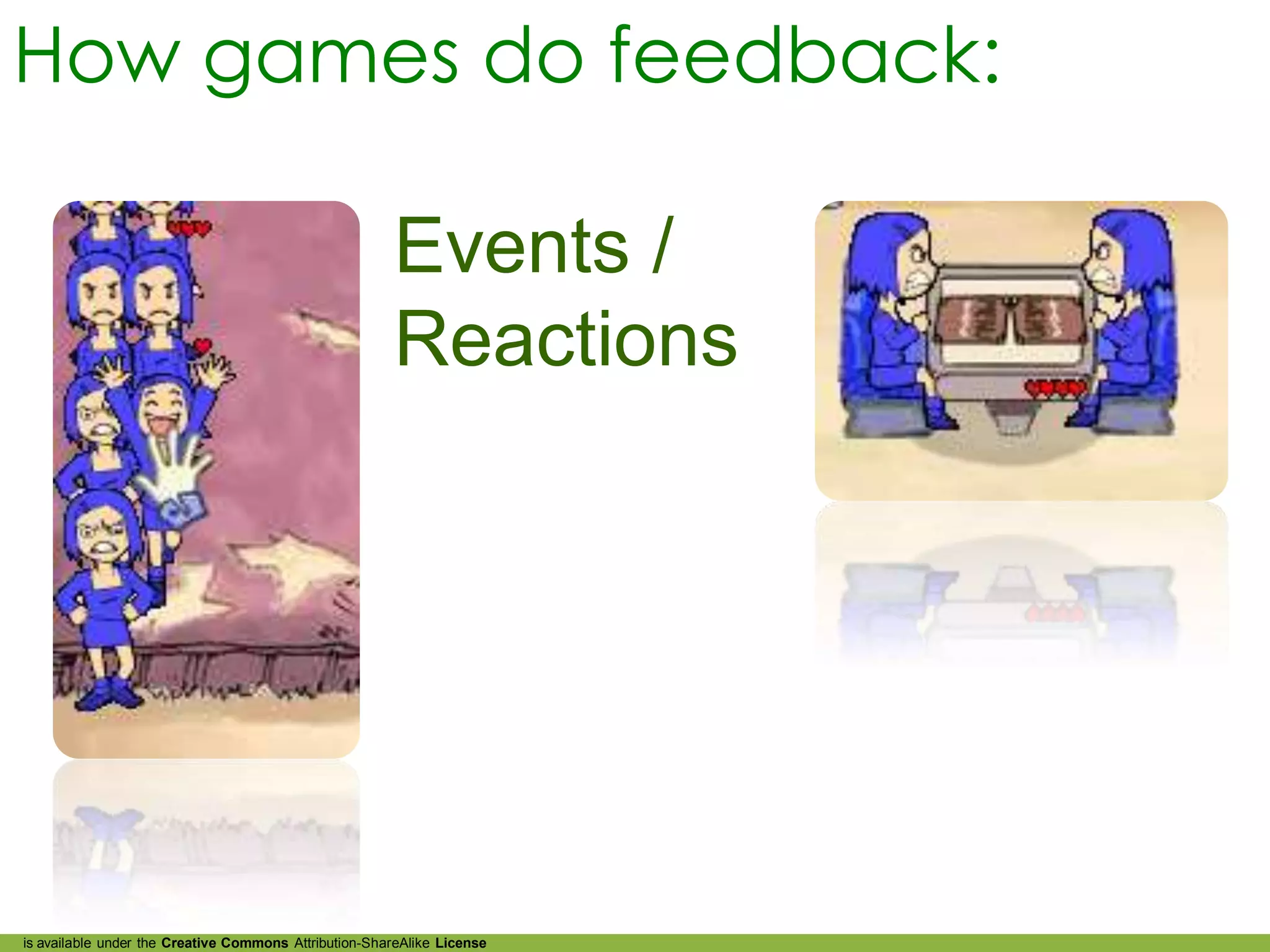 How games do feedback:

                                                       Events /
                                                       Reactions




is available under the Creative Commons Attribution-ShareAlike License
 