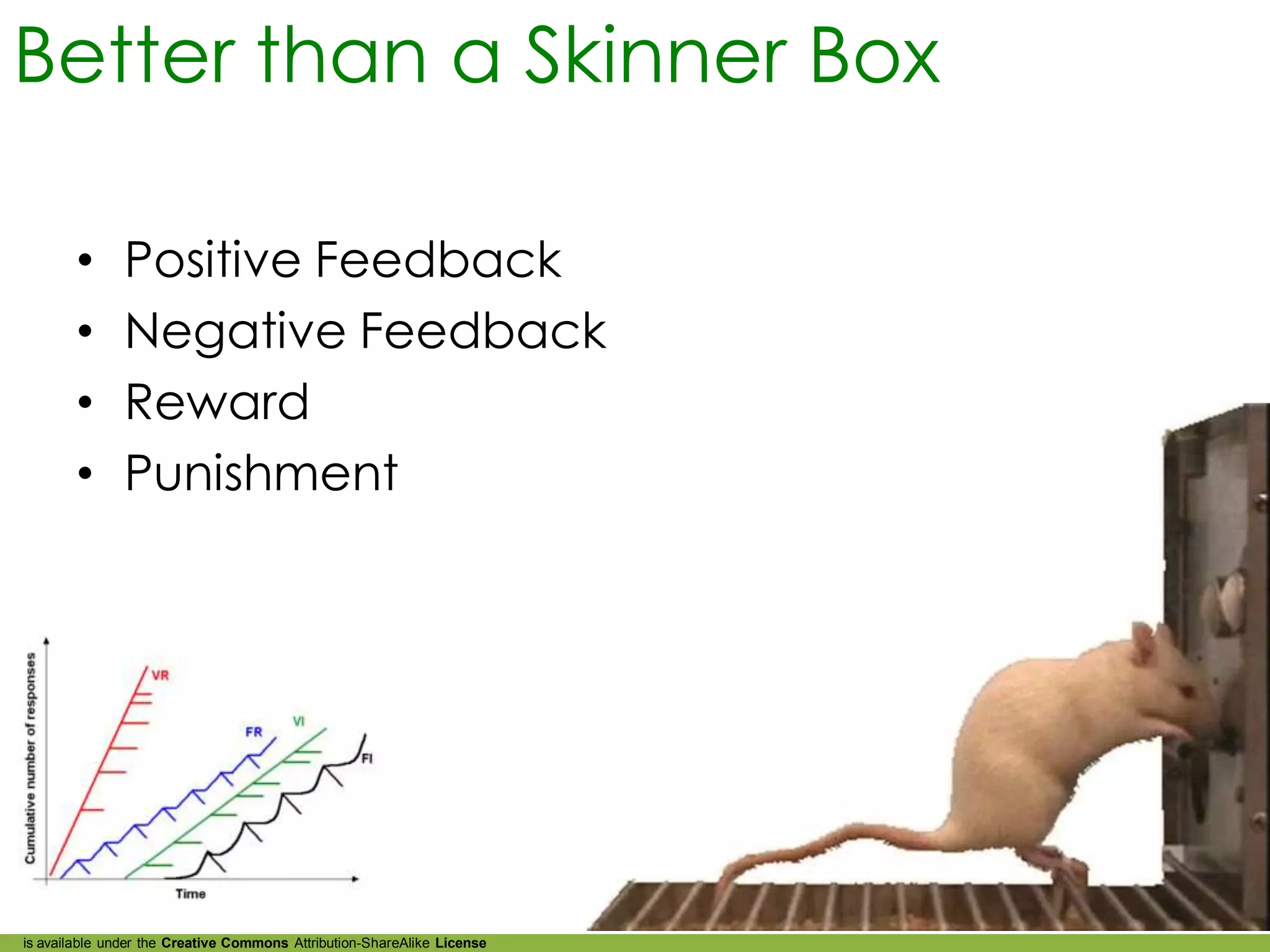 Better than a Skinner Box

        •      Positive Feedback
        •      Negative Feedback
        •      Reward
        •      Punishment




is available under the Creative Commons Attribution-ShareAlike License
 