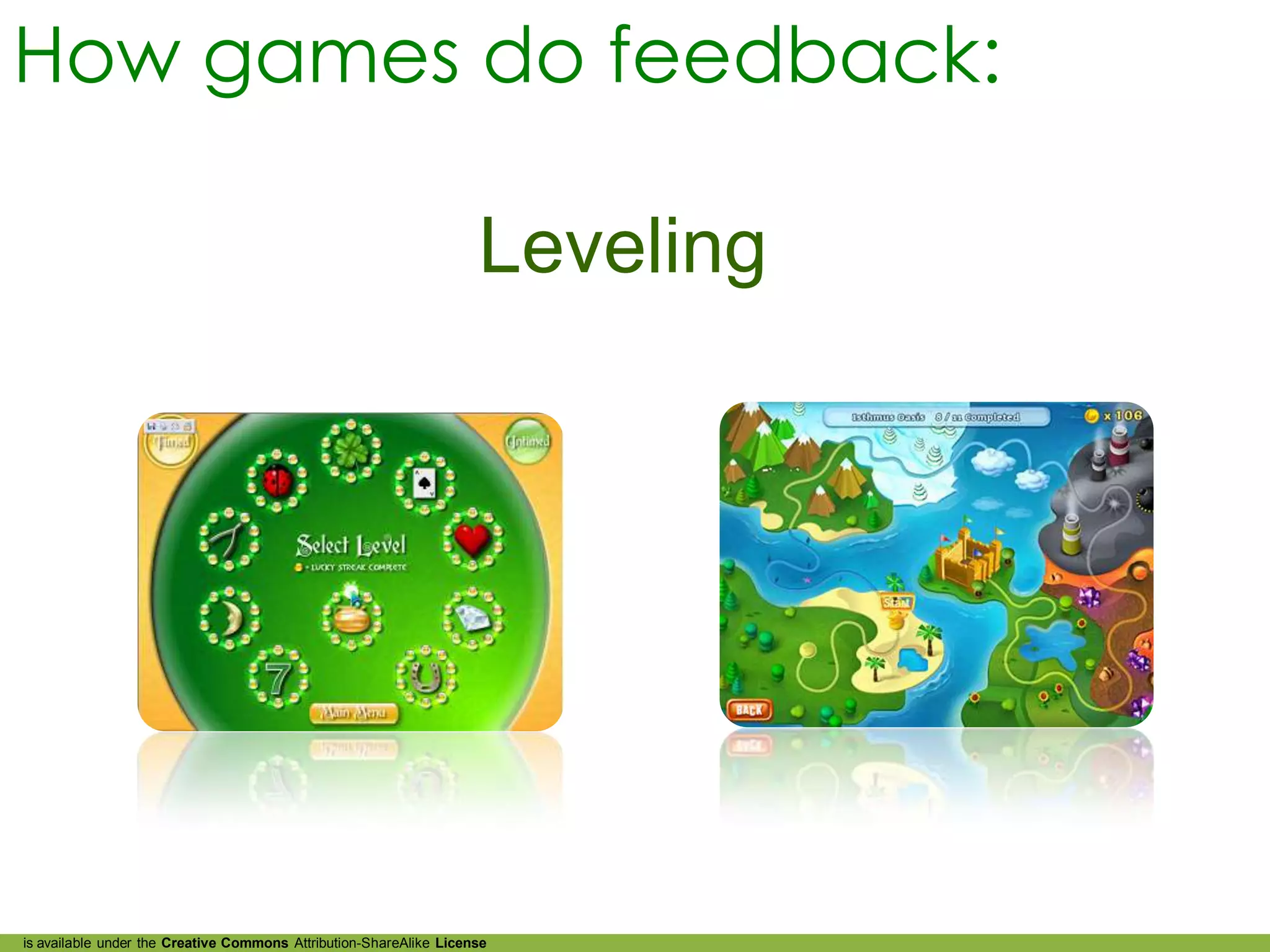 How games do feedback:

                                                                    Leveling




is available under the Creative Commons Attribution-ShareAlike License
 