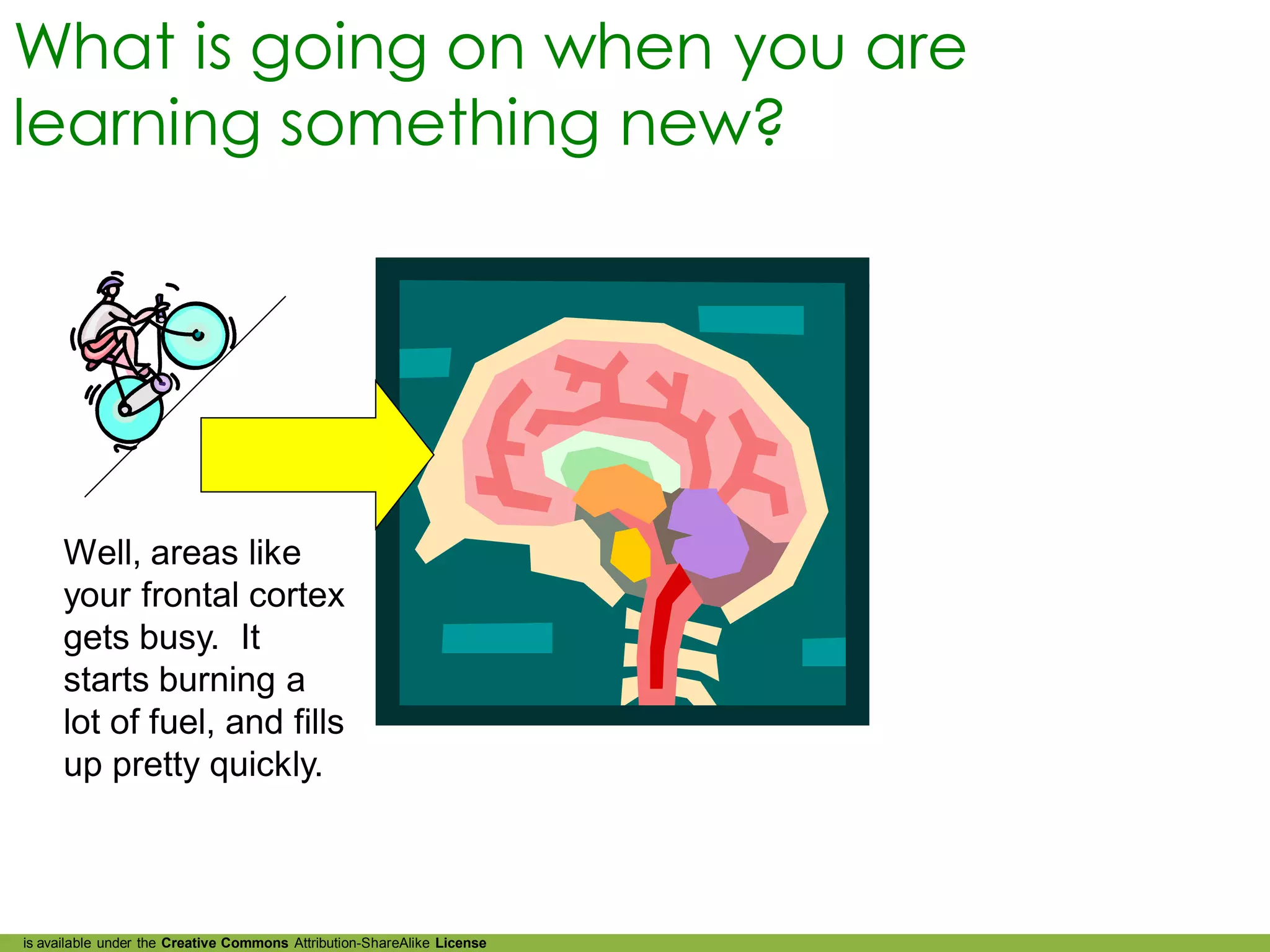 What is going on when you are
learning something new?




      Well, areas like
      your frontal cortex
      gets busy. It
      starts burning a
      lot of fuel, and fills
      up pretty quickly.



is available under the Creative Commons Attribution-ShareAlike License
 