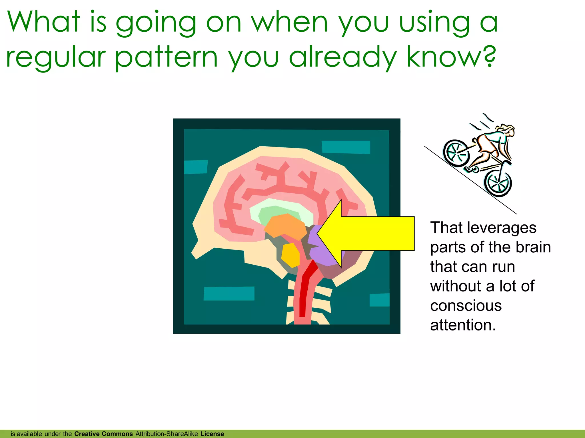 What is going on when you using a
regular pattern you already know?




                                                                         That leverages
                                                                         parts of the brain
                                                                         that can run
                                                                         without a lot of
                                                                         conscious
                                                                         attention.




is available under the Creative Commons Attribution-ShareAlike License
 