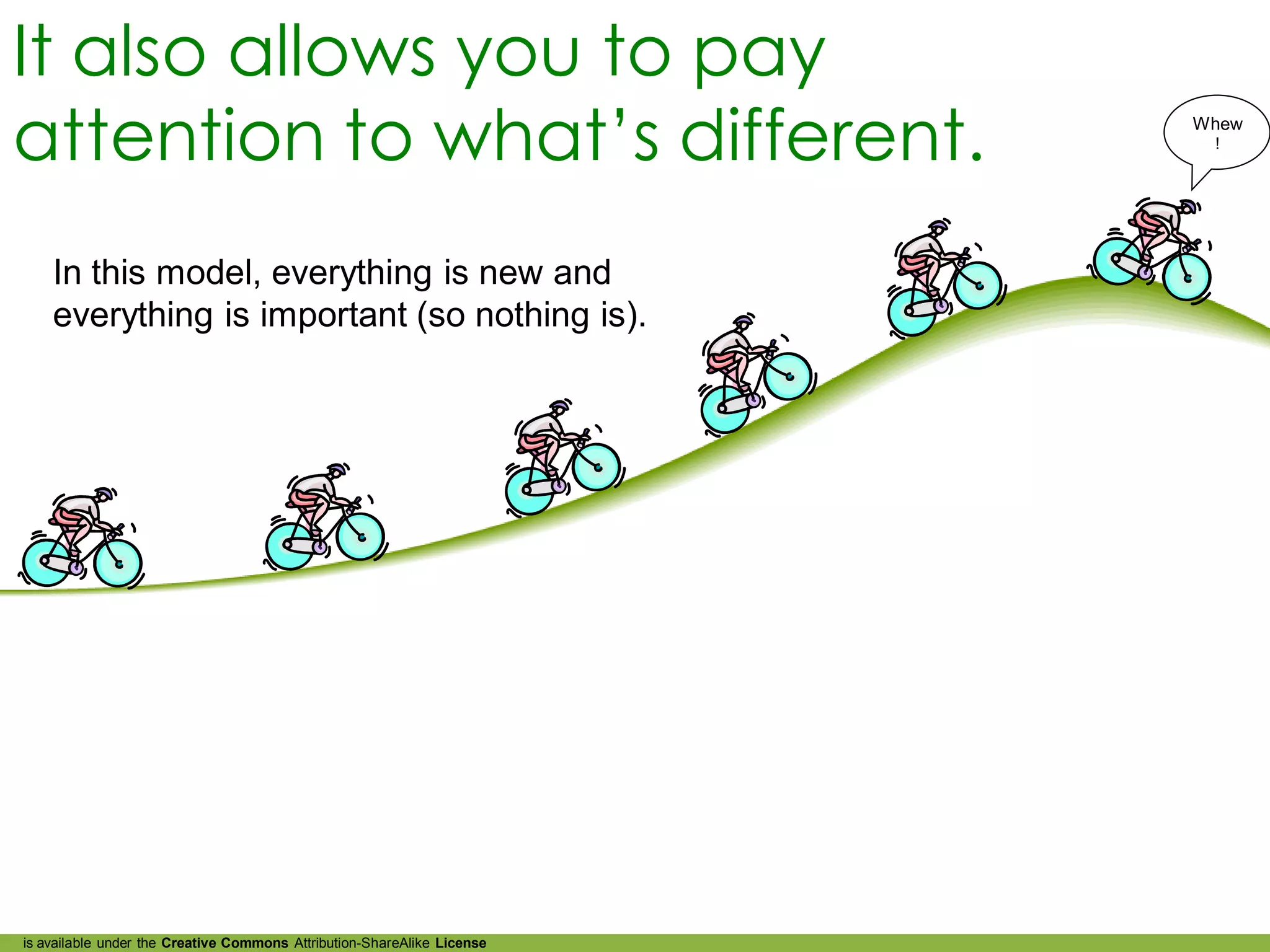 It also allows you to pay
attention to what’s different.                                           Whew
                                                                          !




    In this model, everything is new and
    everything is important (so nothing is).




is available under the Creative Commons Attribution-ShareAlike License
 